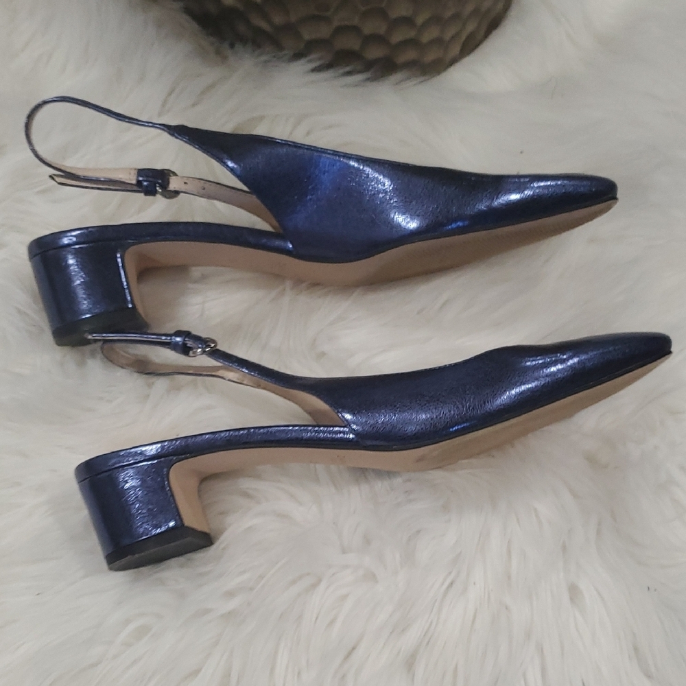 Zara Women's Shiny Blue Slingback Heels - Picture 5 of 12